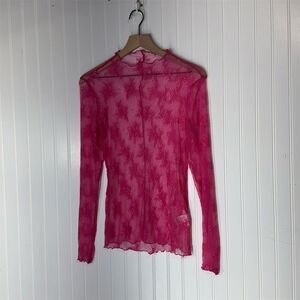 Sewn + Seen M Hot Pink Sheer Mesh Lace Top Y2K Club Layering Shirt NWOT Festival
